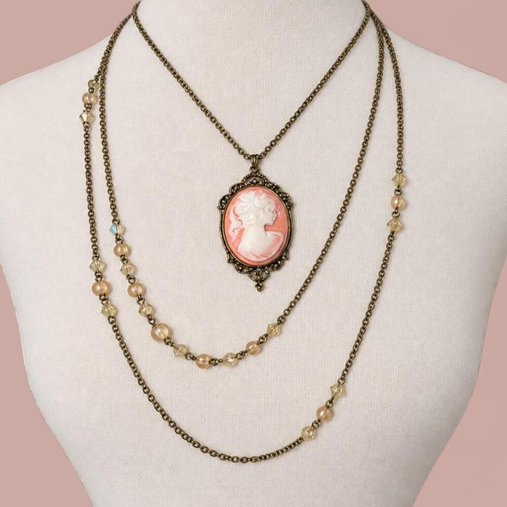 Pink white cameo necklace